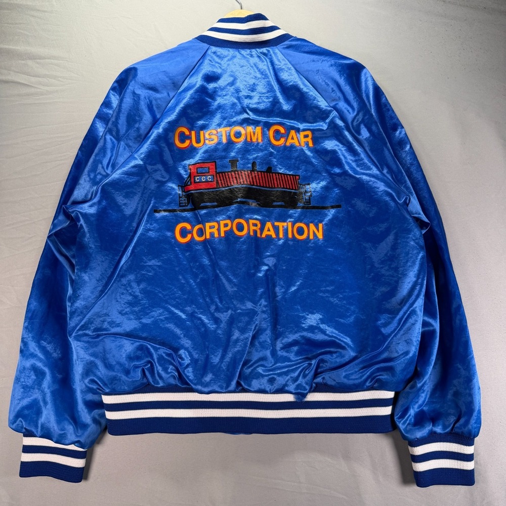 Vintage Railroad Satin Jacket Mens Large Four Seasons Blue Rail Car Snap 90s - Picture 1 of 10